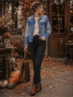 Avec Les Filles Denim Trucker Jacket Cottagecore quilted Patchwork Small